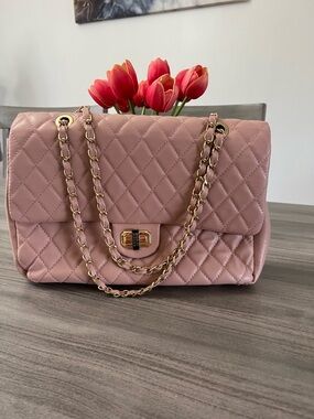 Badgley Mischka Quilted Shoulder Bag in Dusty Rose with Gold Chain
